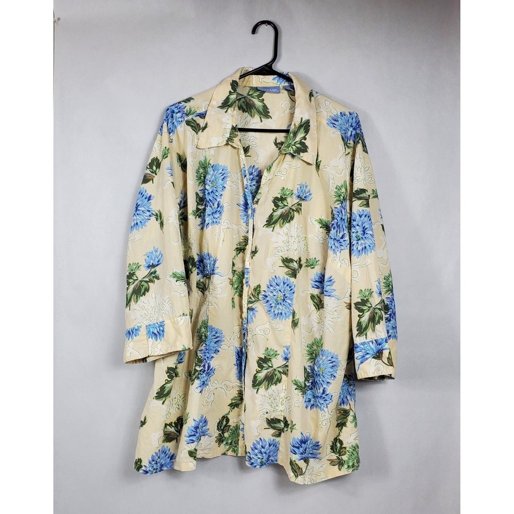 Liz & Me Womens 3X Yellow Blue Floral Sequin Cotton Button Down Tunic Shirt